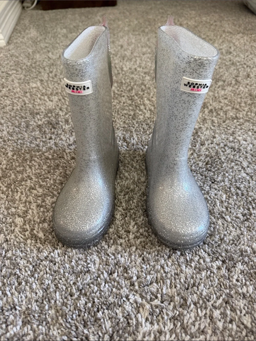 Sophia Webster Silver Glitter Kids Rain Boots with Pink & Mint Wing Accents